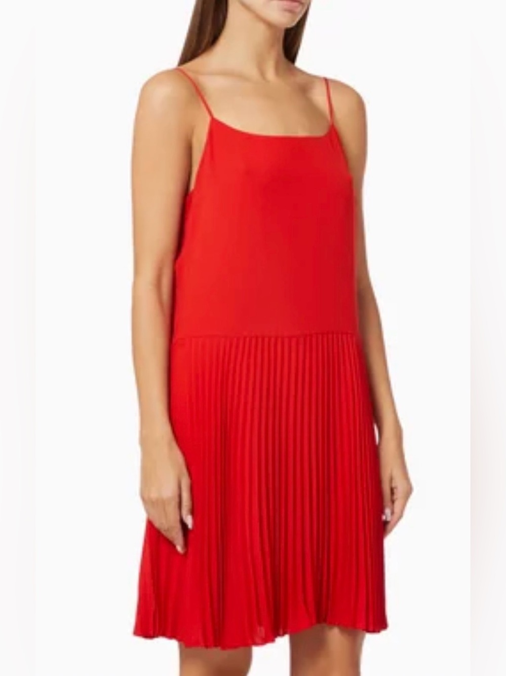 Theory Red Pleated Hem Slip Dress Shift Sleeveless Spaghetti Strap Scoop Neck L